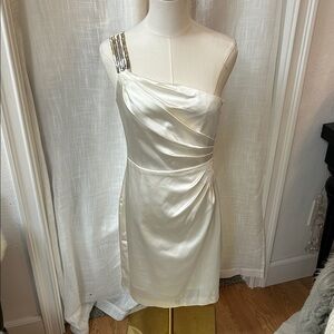 Calvin Klein One-Shoulder Cream Dress. Silver Beads On Shoulder.